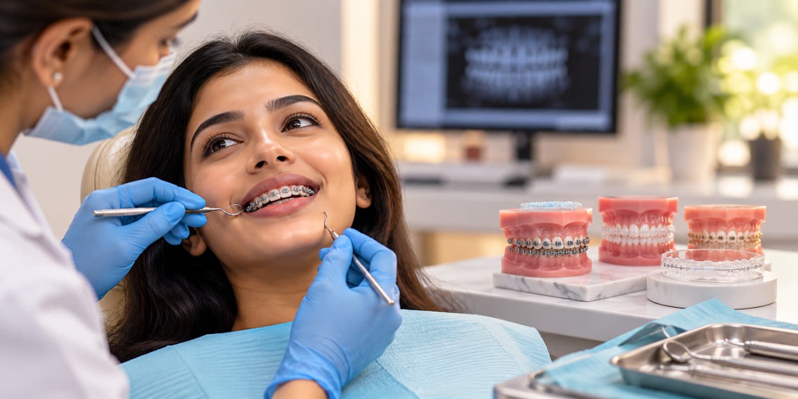 Metal, ceramic and lingual braces shown beside a dental model and a treatment plan.