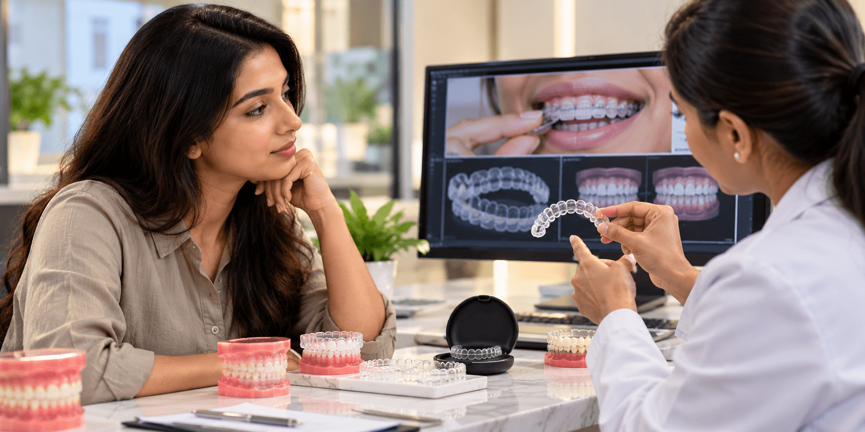 A dentist explaining an invisible aligner treatment plan to a patient.