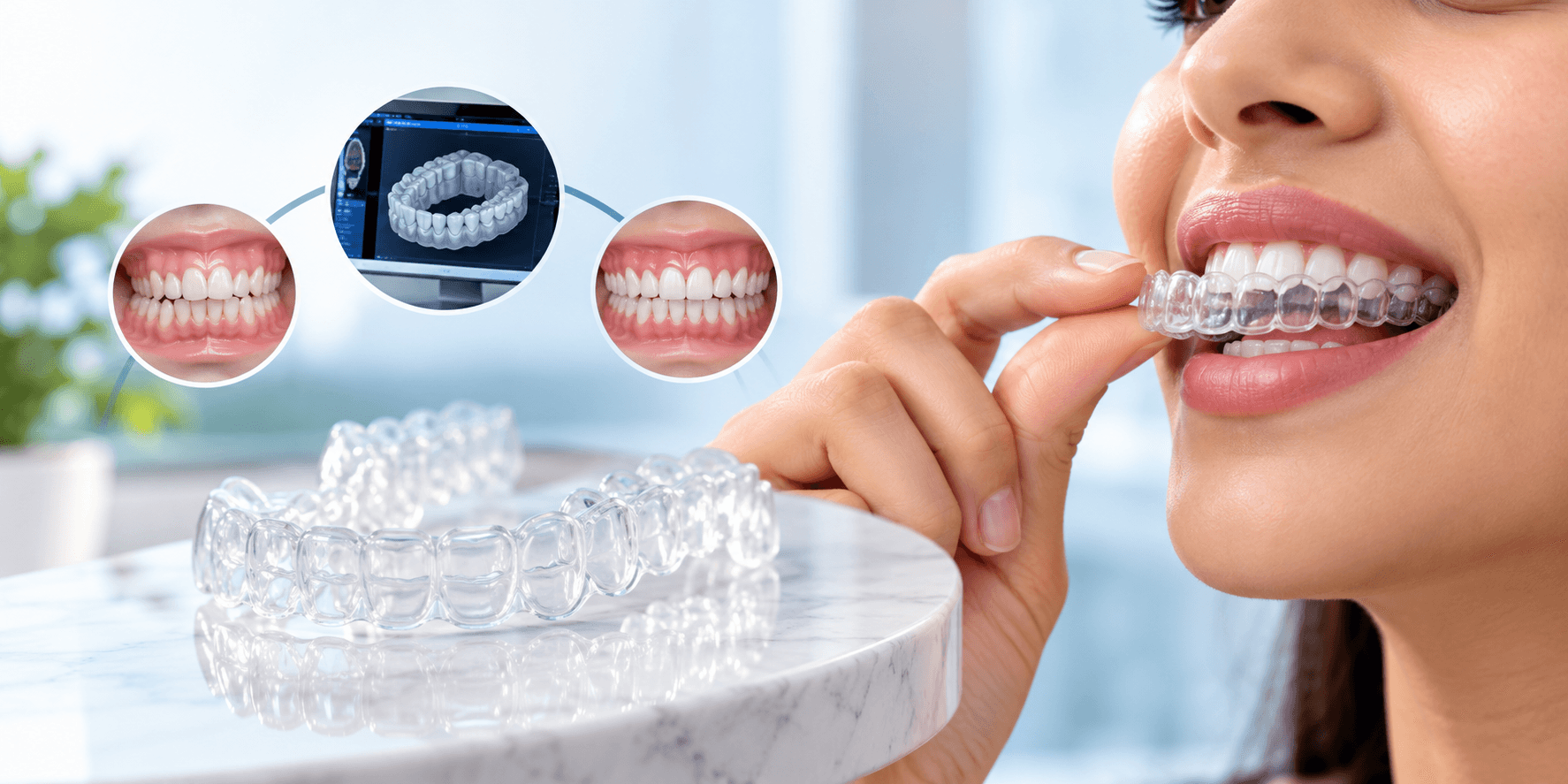A patient fitting a clear aligner tray, with before-and-after tooth positions alongside.