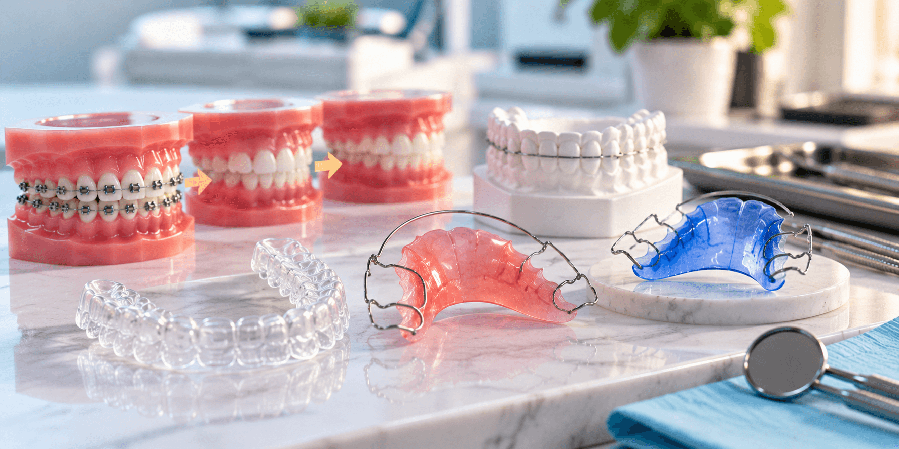Removable and fixed orthodontic retainers shown alongside a model of corrected teeth.